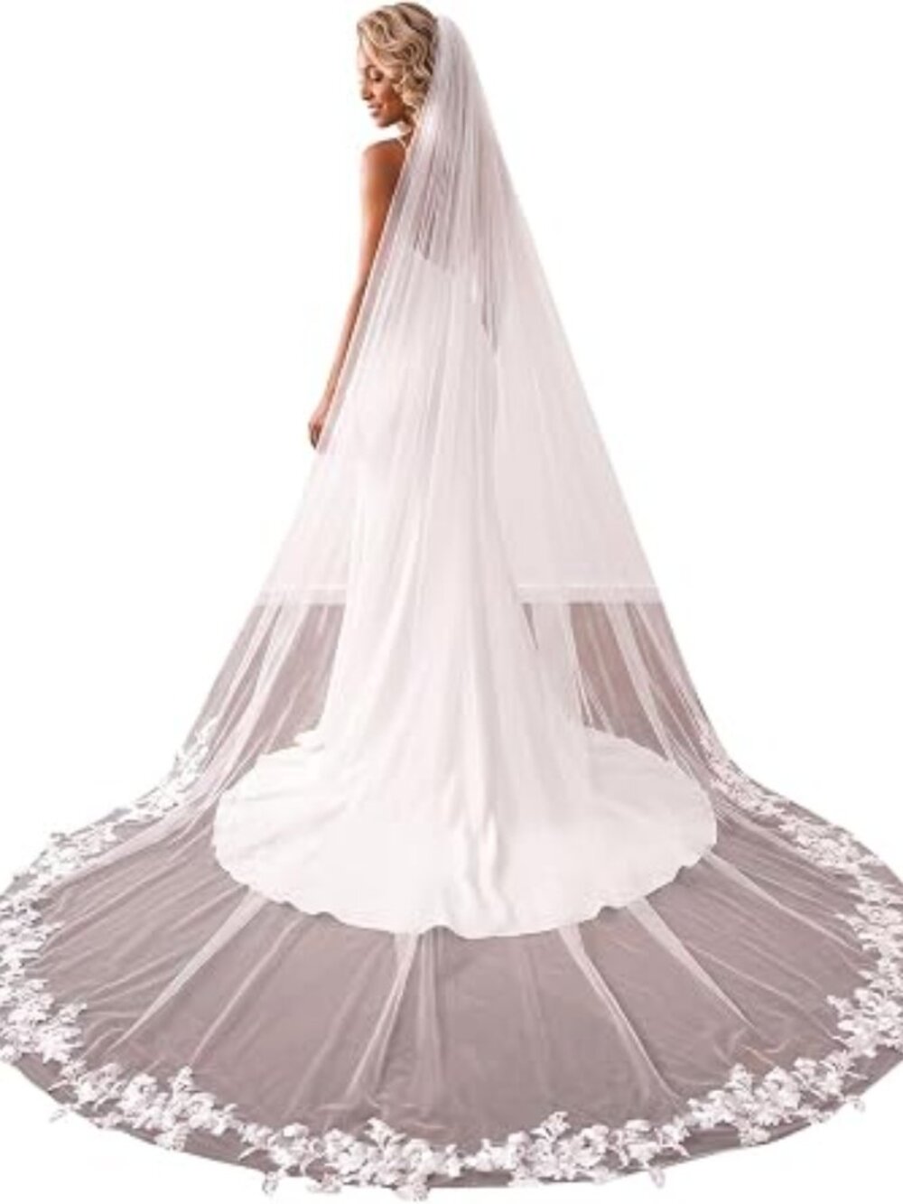 One Tier Lace Applique Cathedral Bridal Veil